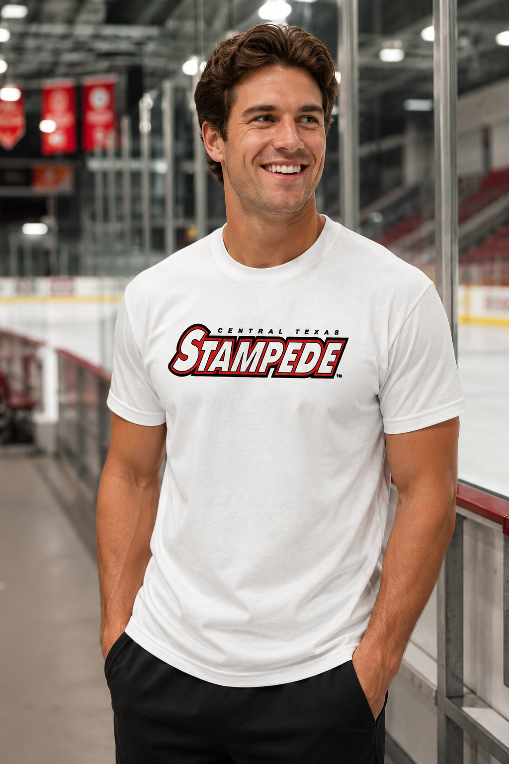Man wearing the Flagship Tee in white at an ice rink