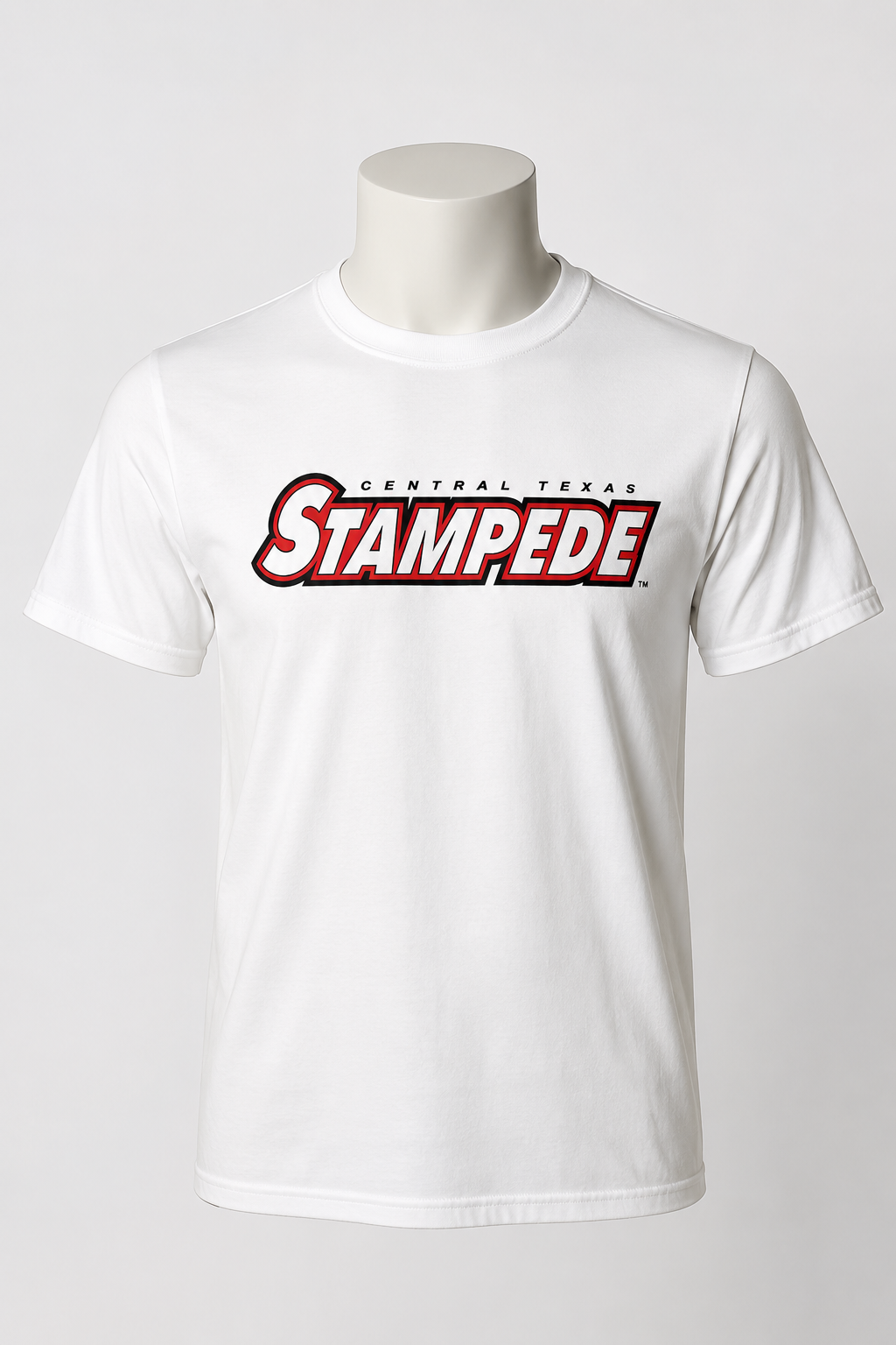 On-mannequin view of the Flagship Tee in white on white background