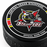 Detail view of the Stampede Hockey Puck on white background
