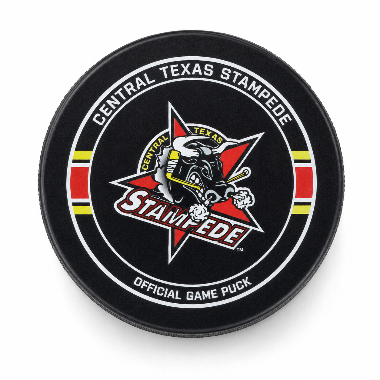 Front view of the Stampede Hockey Puck on white background