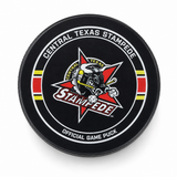 Front view of the Stampede Hockey Puck on white background