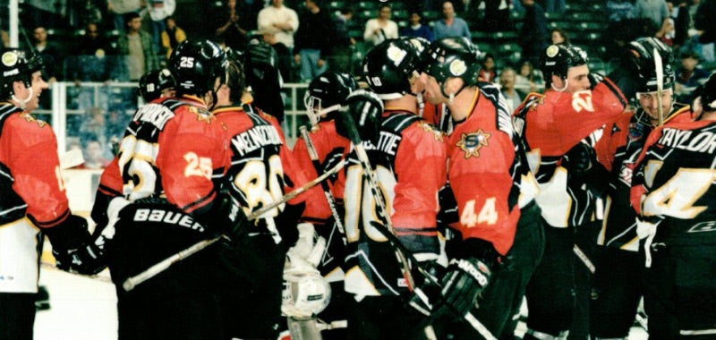 Central Texas Stampede players on the ice after a 1990s WPHL game